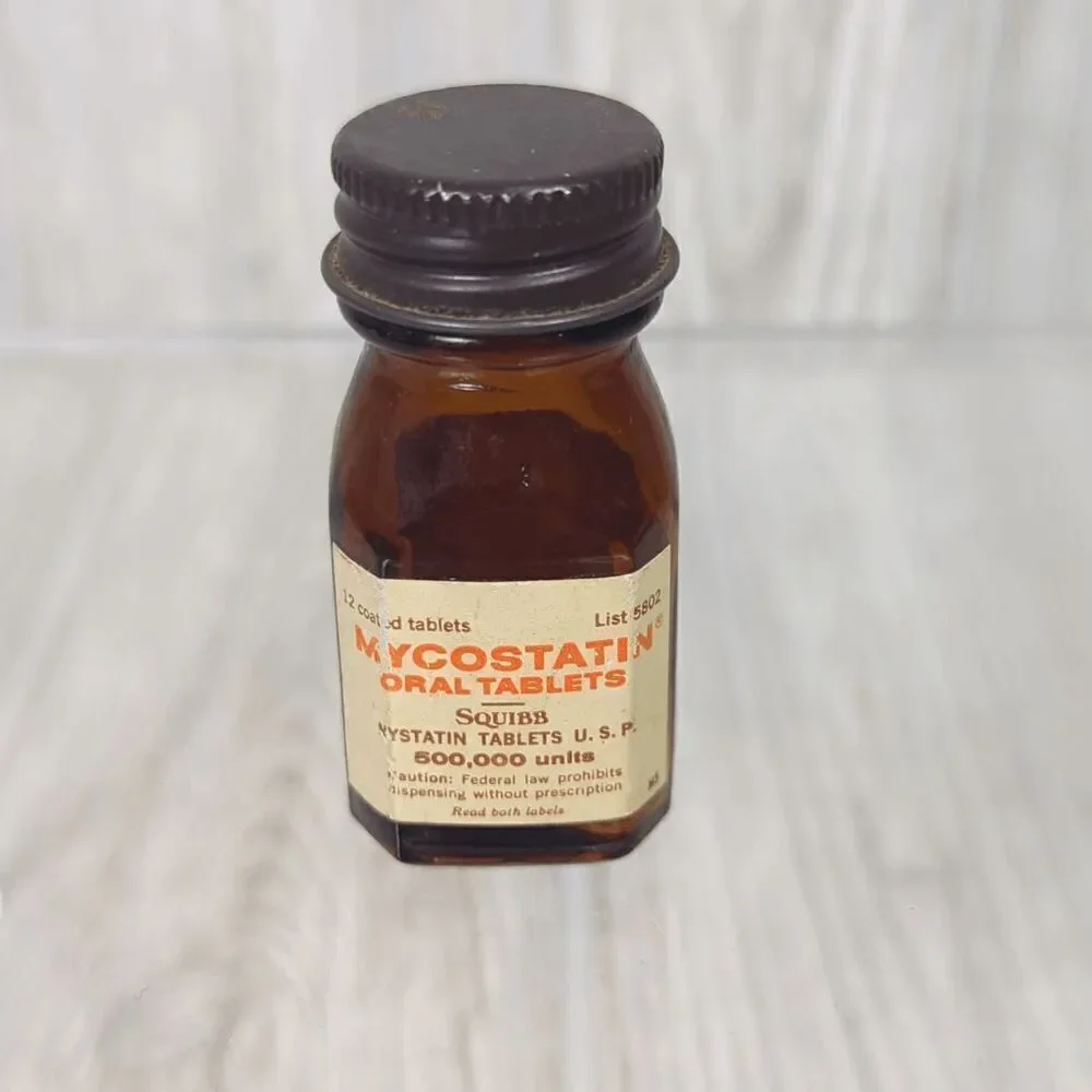 Vintage 1971 Squibb Pharmacy Nystatin Tablets Empty Glass Container